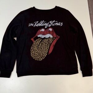 the Rolling Stones Black Crewneck Sweatshirt with Red Lips and Leopard Tongue